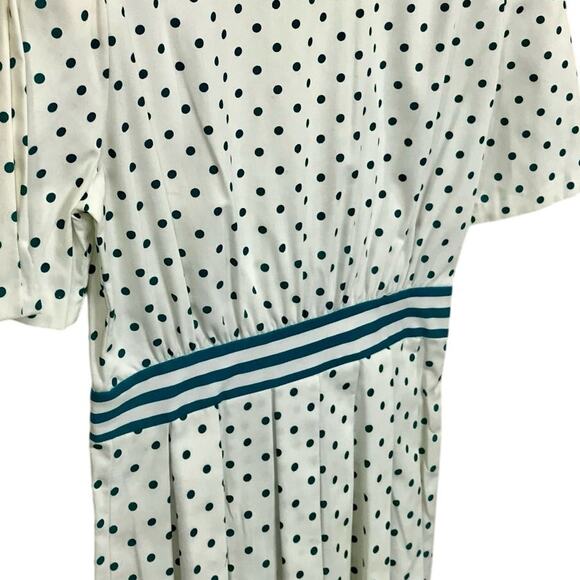 REO Originals Vintage 80s Preppy Short Sleeve Pleated Green Polka Dot Dress 12 - Picture 10 of 14